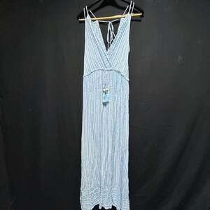 Blue Island Striped V-Neck Maxi Dress with Tassel Detail and Open Back in Ocean